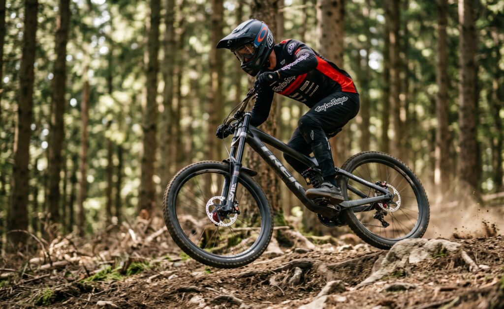 Велосипедист в полном защитном снаряжении и шлеме Troy Lee Designs выполняет скоростной спуск на горном велосипеде Trek по пересеченной лесной местности