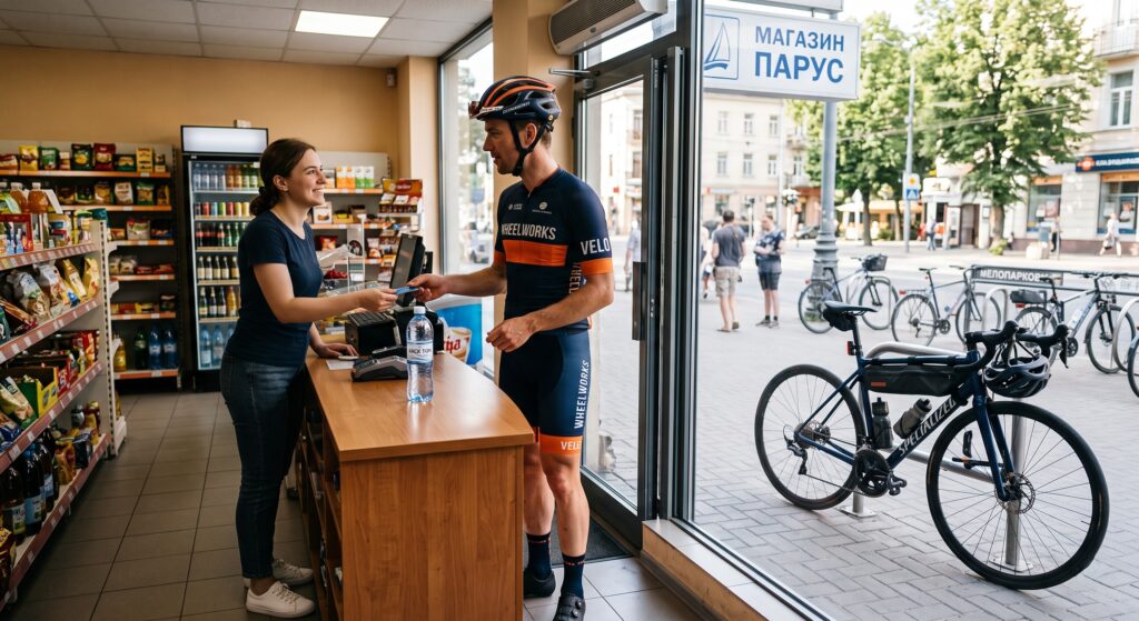 Велосипедист в профессиональной экипировке Wheel Works расплачивается банковской картой на кассе в продуктовом магазине , рядом на прилавке стоит бутылка воды