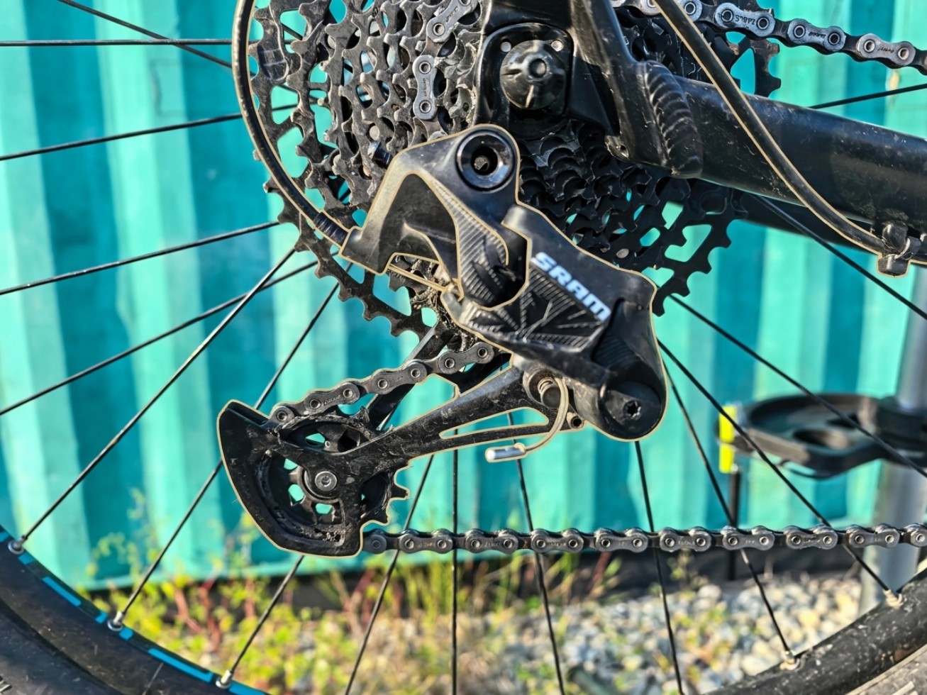 Устройство трансмиссии велосипеда: задний переключатель скоростей SRAM графически выделен светлым контуром на фоне кассеты