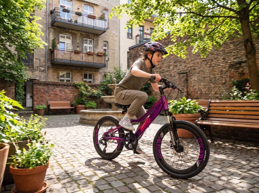 Девочка в защитном шлеме катается на фиолетовом велосипеде HOGGER Urban 20 по залитому солнцем мощеному двору