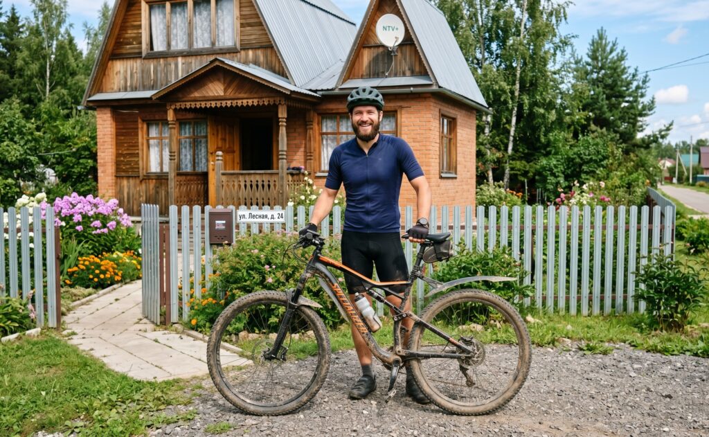 Улыбающийся велосипедист в спортивной форме и шлеме стоит рядом с горным велосипедом Specialized на фоне уютного загородного деревянного дома