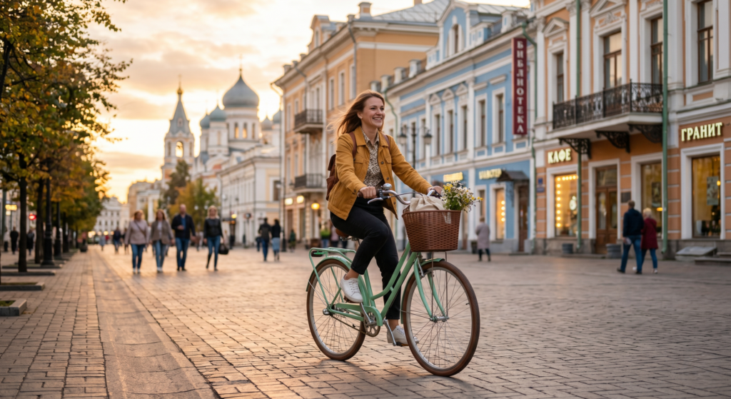 Улыбающаяся женщина едет на городском велосипеде мятного цвета с плетеной корзиной, наполненной цветами, по пешеходной улице города на фоне исторической архитектуры и храма в лучах закатного солнца