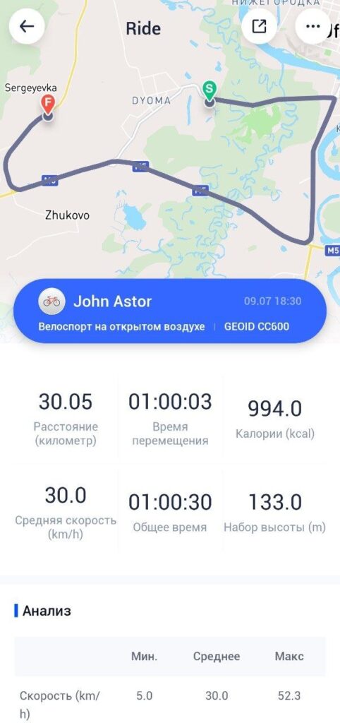 30 км со средней 30 км/ч на гревеле Тридцатка на гревеле по велокомпьютеру GEOID: 30,05 км за 1 ч, средняя скорость 30,0 км/ч